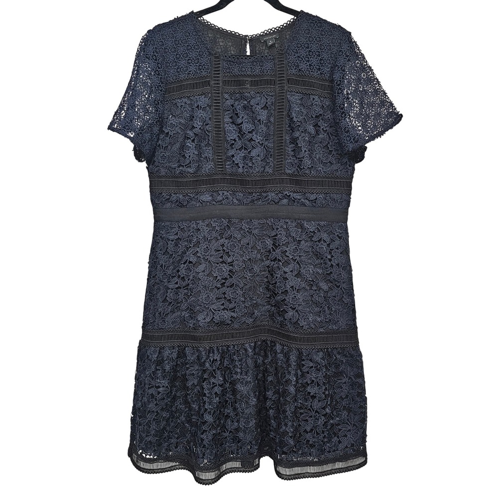 Ann Taylor Navy Blue Tiered Sheath Dress‎ Lace Overylay Cocktail Party Size 12